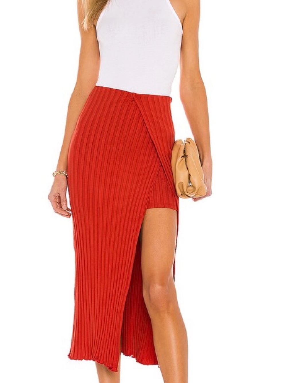 Lovers + Friends Liv Rib Knit layered midi skirt spice red size medium $180